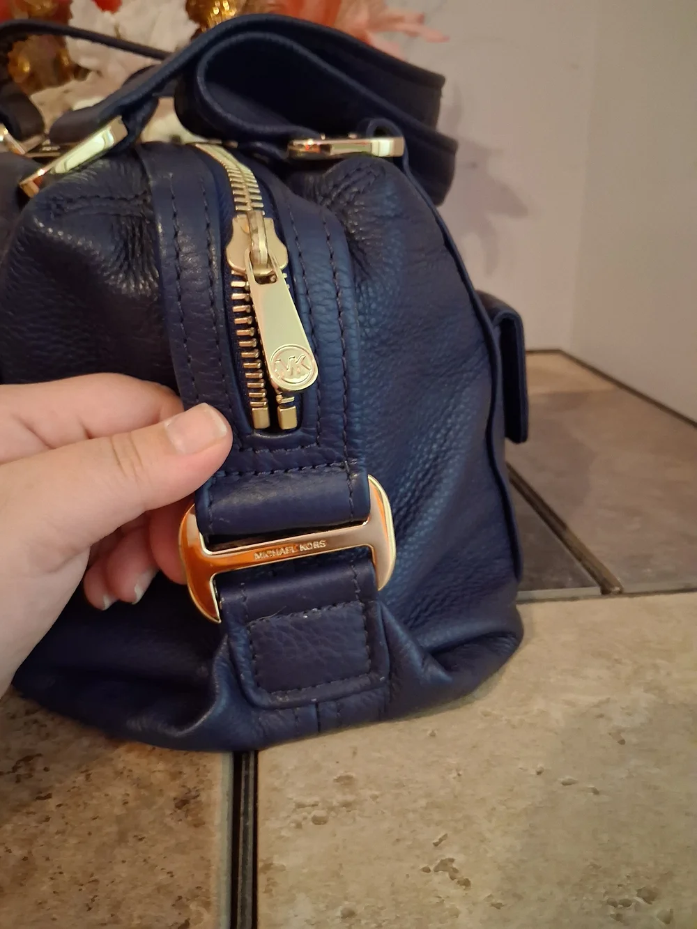 Michael Kors Navy Leather Slouchy Barrel Bag with Gold Hardware